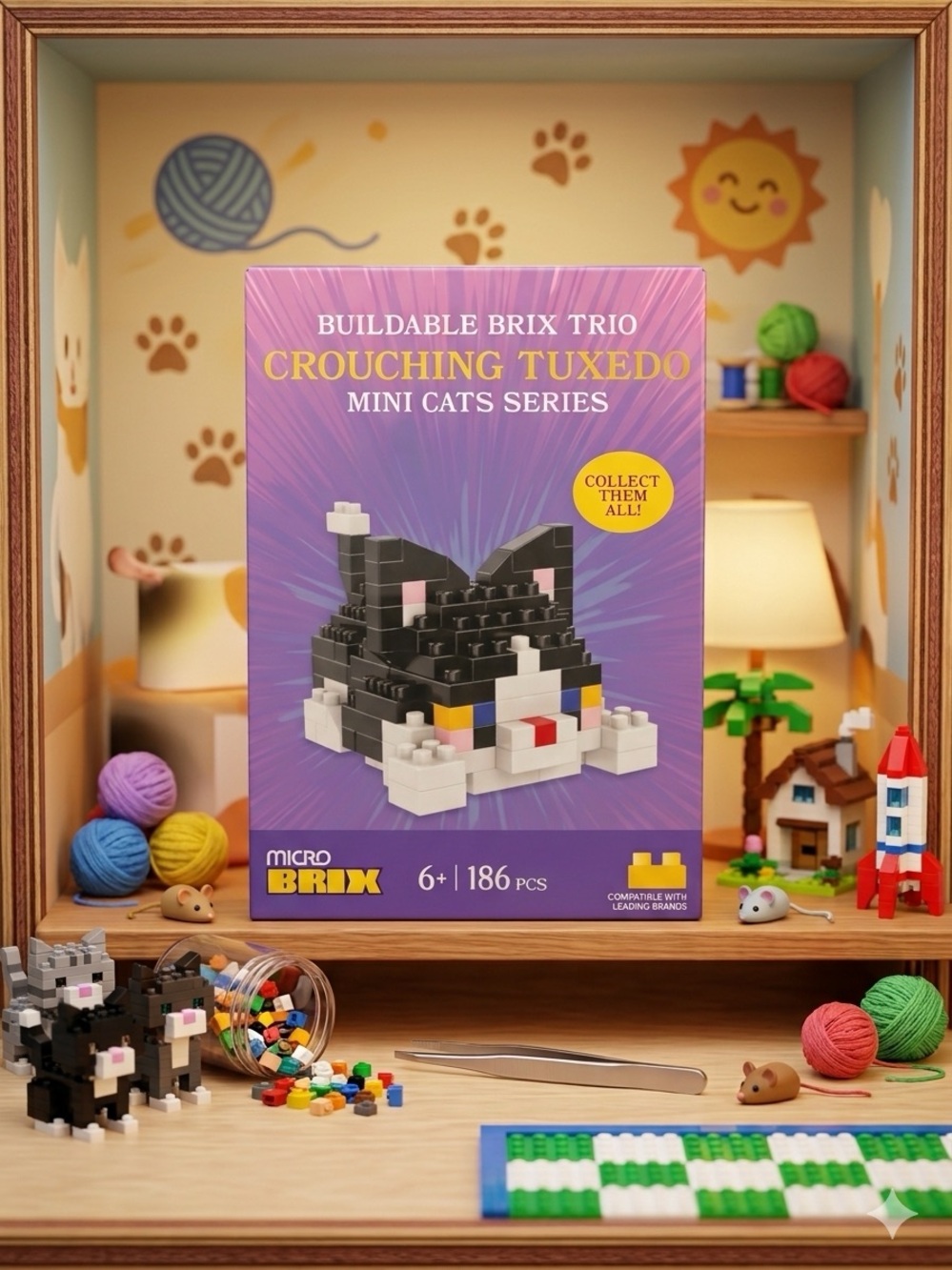 Crouching Tuxedo Mini Cats - Black & White Buildable Kit